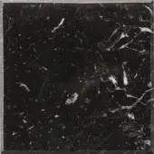 Black marble sample with white and gray veining, polished surface, organic swirling pattern, and rough edges, identified as 303m nero marquinia.