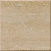 Travertine tile sample, warm beige with cream and tan veins, exhibiting irregular swirling patterns and a matte, porous texture.
