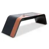 Wayne desk, dark gray leather surface, terracotta orange accents, trapezoidal form, recessed panel, studio shot.