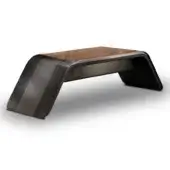 Wayne desk, dark brown frame, rectangular wood-like top with visible grain, sculpted design, angled planes, matte and gloss finish.