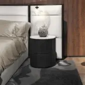 Elegant WAYNE Enterprises WE-076 nightstand with cylindrical leather structure and white marble top in matte finish
