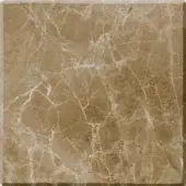 Emperador marble tile sample, beige and tan with irregular light veining, polished finish, dark gray border framing the square format.