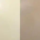 Paint swatches, ancient white and cappuccino, display matte off-white and medium-brown tones, separated vertically on a white background.