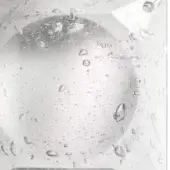 Transparent curved surface covered in water droplets, showing circular distortion and subtle texture, with a small metallic fixture.