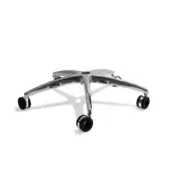 Chrome office chair base, polished metal, five-star design with curved arms and black caster wheels, centered on white background.