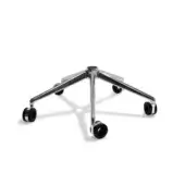 Chrome office chair base with five arms and black caster wheels, featuring a polished metal finish and symmetrical design against a white backdrop.