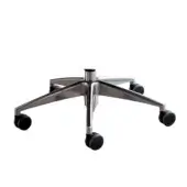 Chrome office chair base, five-arm design, black caster wheels, polished metallic finish, cylindrical hub, angled supports, durable construction.