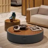 Refined Turri Atelier coffee table with supple leather wrapping and beveled walnut wood top in matte gray finish