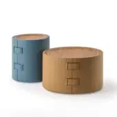 Distinguished Turri Atelier side table with tan leather covering and beveled walnut wood top embodying sartorial mastery