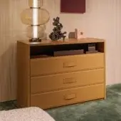 Superior Turri Atelier dresser with walnut wood structure and smooth golden-brown leather covering three drawers plus an open compartment