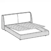 King size bed line drawing, white background, rectangular frame, rounded corners, slatted platform, layered padded headboard, minimalist design.