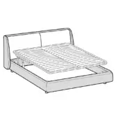 King size bed technical drawing, upholstered headboard, rounded corners, storage base, minimalist design, black lines on white background.