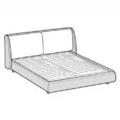 King size bed line drawing, light gray, rectangular headboard with vertical seams, low profile frame, cylindrical legs, slatted base.