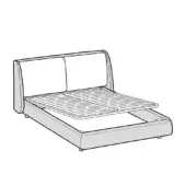 Queen bed with light gray upholstered headboard and box mechanism, featuring rounded side panels, slatted support, and dark gray feet.