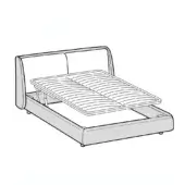 Queen bed with lifting mechanism, gray fabric upholstery, rectangular headboard, slatted base, minimalist technical illustration.