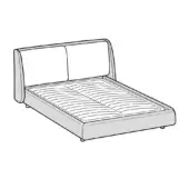 Queen bed line drawing, gray tones, rectangular headboard with cushioned panel, cylindrical legs, minimalist slatted base design.