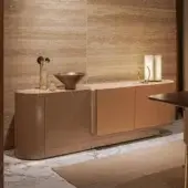 Superior Turri Echo sideboard crafted with walnut wood, beige leather and glossy finish exhibiting contemporary sinuosity