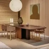 Exclusive Turri Echo table crafted in Italy with walnut wood tabletop and leather-covered base in dark brown tones with matte finish