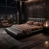 Leather bed with dark brown tufted headboard, low platform, and layered bedding in a modern bedroom with cityscape view.