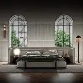 Distinguished WAYNE Enterprises WE-078 bed with light beige textile upholstery and smooth matte finish
