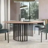 Distinctive Turri Roma table with a mottled light brown and beige composite tabletop and dark metal tube base
