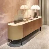 Distinguished Turri Roma sideboard with rounded edges in light beige matte leather and walnut wood doors crafted with a curved marble top