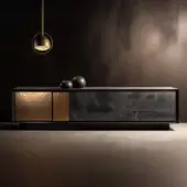 Sideboard, dark gray marble, rectangular form with gold leaf door and bronze drawer pulls, studio product shot.