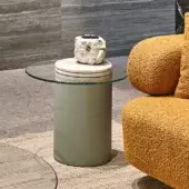 Architectural Turri Roma side table with cylindrical leather base and cantilevered crystal top in grayish-green finish