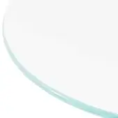 Clear glass disc with polished edge, displaying a subtle blue-green tint, set against a white backdrop in a minimalist composition.
