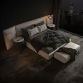 Superior WAYNE Enterprises WE-075 bed with light-colored leather upholstery and wood veneer headboard structure crafted in a geometric silhouette