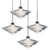Pendant lights, clear glass, wide-brimmed shades with ridged texture and dark bronze metallic accents suspended by black cables.