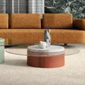 Distinguished Turri Roma coffee table with cantilevered crystal top and reddish-brown textured leather base supporting light gray marble detail