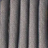 Braided textile wall with vertical columns, gray and beige rope fibers, dense weave pattern, studio lighting, Moroso fabric detail overlay.
