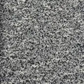 Bouclé fabric texture sample, dark navy and off-white mottled weave, exhibiting a nubby looped surface with integrated fabric identification text.