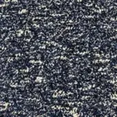 Navy blue and off-white boucle fabric texture with looped pile, displaying irregular nubby weave and visible “moroso” fabric label.