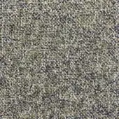 Woven fabric sample in muted olive green, dark gray, beige, and white with a dense, irregular looped texture and embedded fabric designation text.