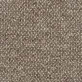 Taupe looped pile fabric texture with heathered beige and reddish-brown speckles, displaying a compressed, nubby surface and partial text label.