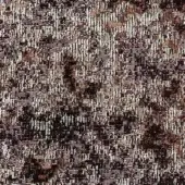 Woven fabric sample, brown and orange tones, irregular mottled texture with visible vertical and horizontal weave structure and label detail.