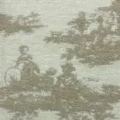 Beige fabric swatch with repeating pastoral scene pattern, silhouetted figures, trees, and foliage in a monochromatic design; textured woven material.