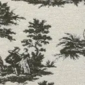 Toile de Jouy fabric swatch, black and off-white, with pastoral scene featuring a woman, trees, and woven texture.