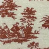 Toile de Jouy fabric swatch in brick-red and cream, depicting a blurred pastoral scene with figures among trees, linen texture, Moroso product detail.