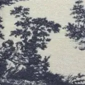 Toile fabric swatch, grey and off-white, displays stylized trees and foliage with a subtle linen weave; “Snow Magic Grey” textile.