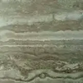 Panoramic landscape painting, gray and beige tones, winding river through valley with distant hills and indistinct village buildings.