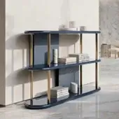 Distinguished Turri Roma console with three shelves of glossy lacquered wood and leather-embroidered panels in dark blue finish