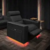 Superior WAYNE Enterprises WE-176 home cinema seating in black imitation leather with white stitch detailing and a light brown wood side table