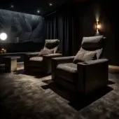 Exclusive WAYNE Enterprises WE-154 home cinema seating upholstered in dark brown textile with metallic cup holders