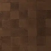 Wood mosaic wall panel, dark brown, square blocks in grid pattern with visible grain and matte finish, rustic texture.