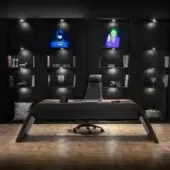 Distinguished WAYNE Enterprises WE-024 desk with curved design in leather and a lighter accent, presenting a dark finish crafted in Italy