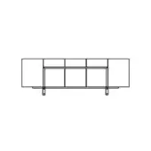 Schematic drawing of a rectangular shelving unit with six compartments, a central metal bar, and vertical supports on a white background.