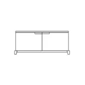 Media console line drawing, black and white, rectangular form with four legs and two door compartments featuring centered handles.
